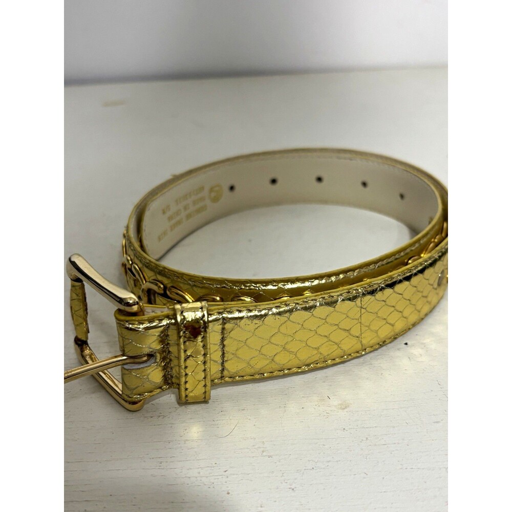Women’s Gold Snakeskin Snake Print Skinny Belt, Chain Accents, Adjustable S/M